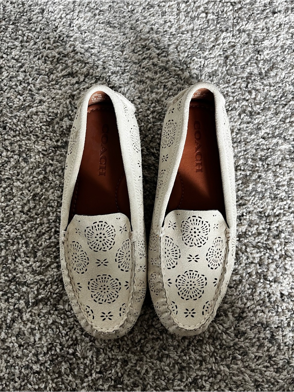 Women's White Laser-Cut Leather Driving Loafers - Picture 2 of 7